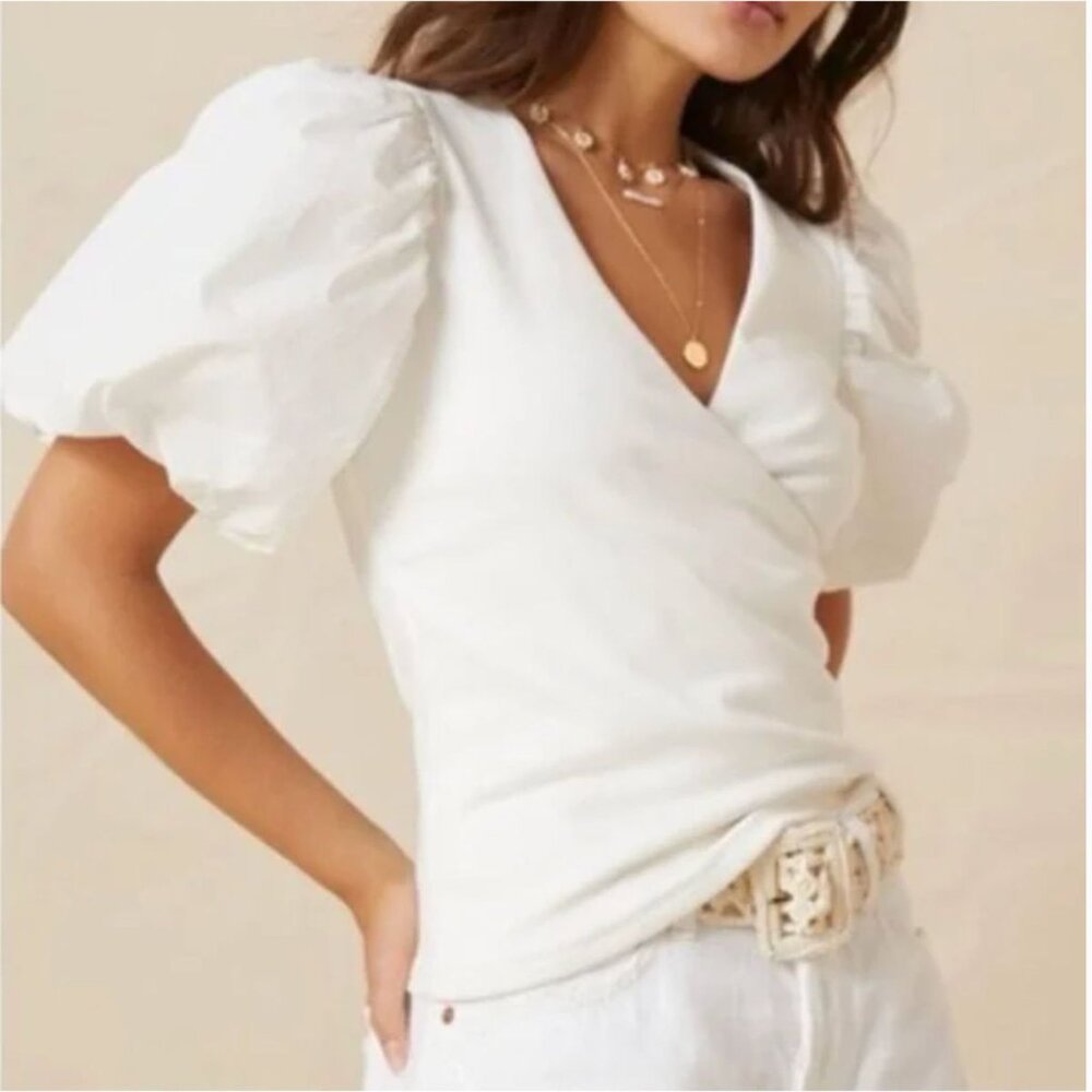 Maeve Anthropologie White Puff Sleeve Wrap Top Size Small NWT